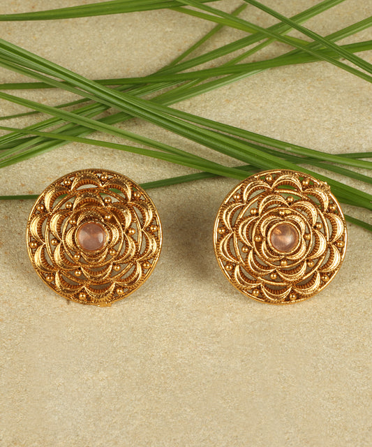 Gold Round Floral Stud Earrings