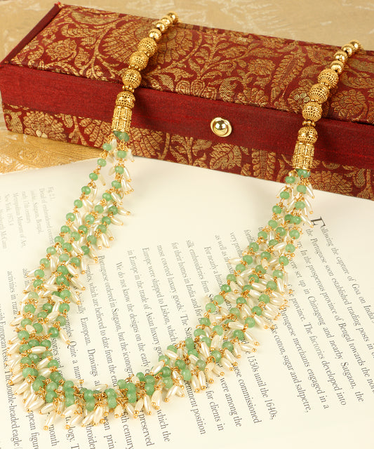 Gold Emerald & Pearl String Necklace – Multi-Layered Design