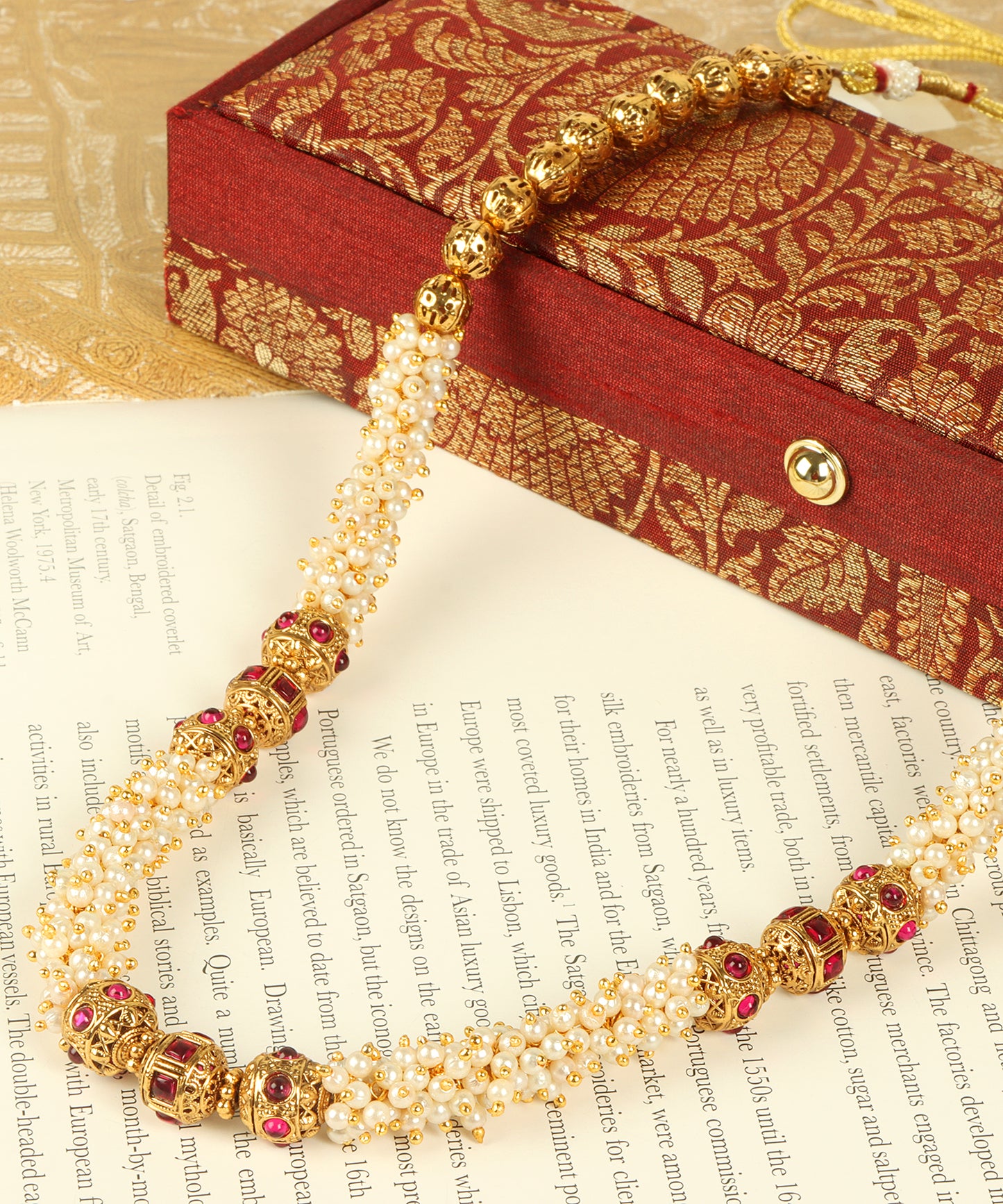 Gold Ruby & Pearl Beaded String Necklace