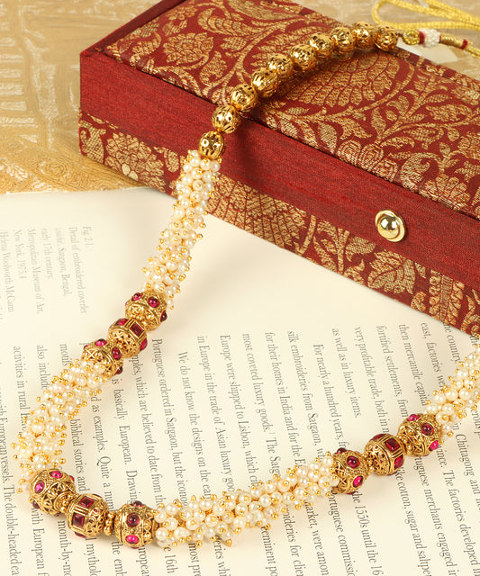 Gold Ruby & Pearl Beaded String Necklace