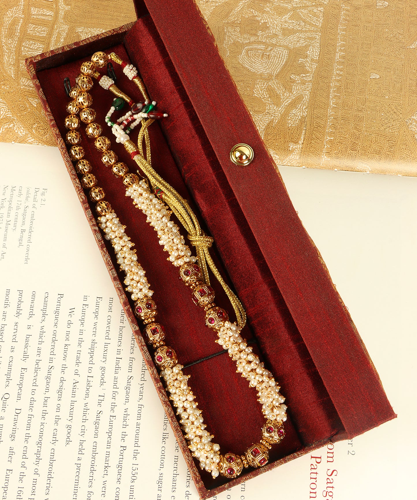 Gold Ruby & Pearl Beaded String Necklace