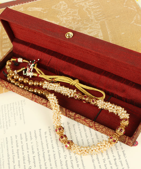Gold Ruby & Pearl Beaded String Necklace