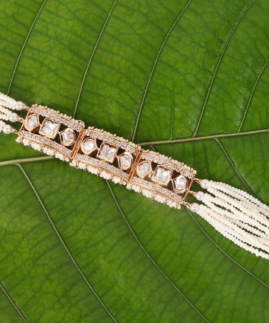 Rajasthan-Inspired Polki Bracelet with Gold Detailing and Pearls