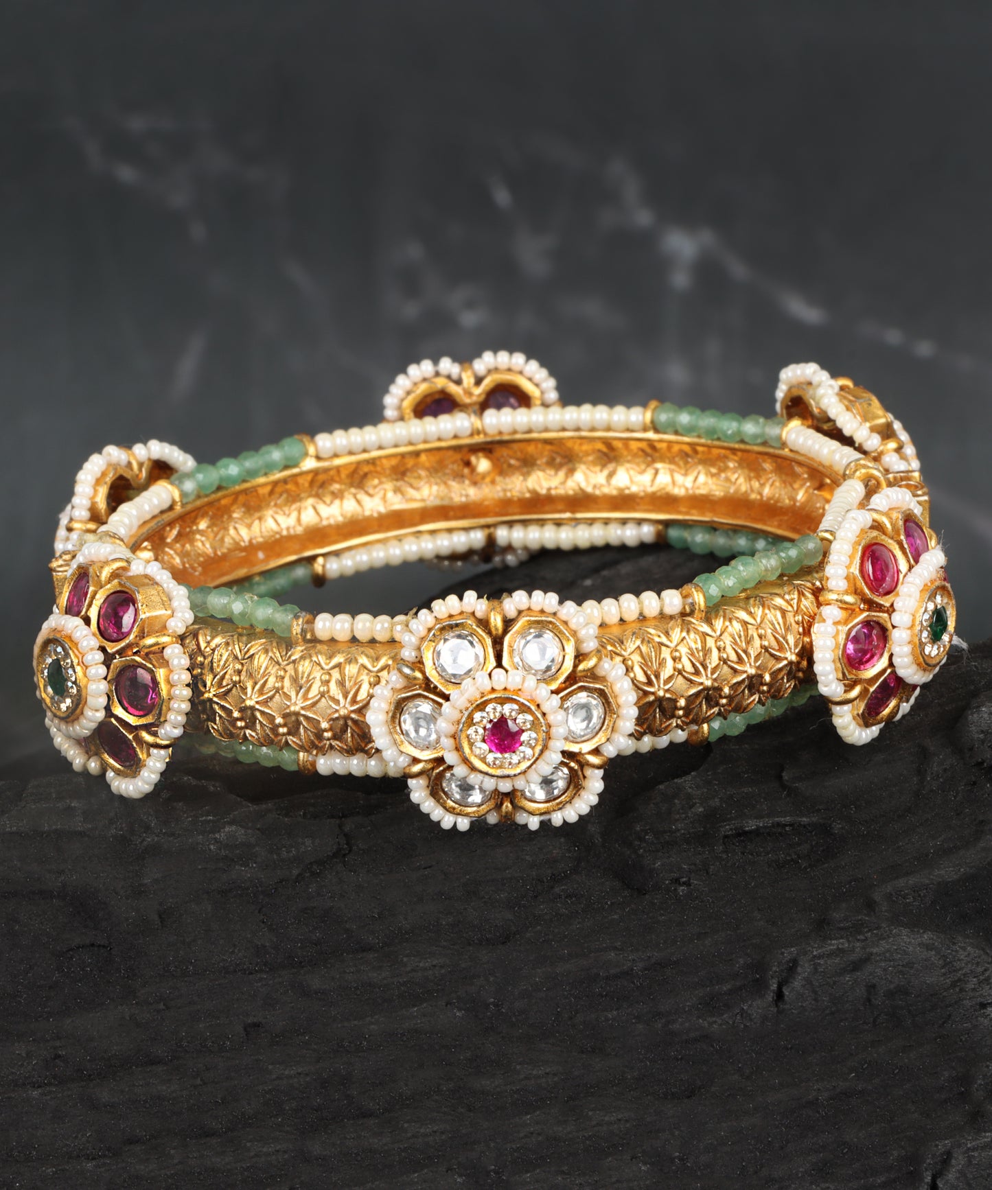 Heritage Pacheli Bangle with Polki Diamonds, Ruby, Emerald & Pearls
