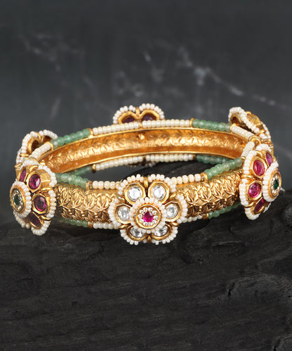 Heritage Pacheli Bangle with Polki Diamonds, Ruby, Emerald & Pearls