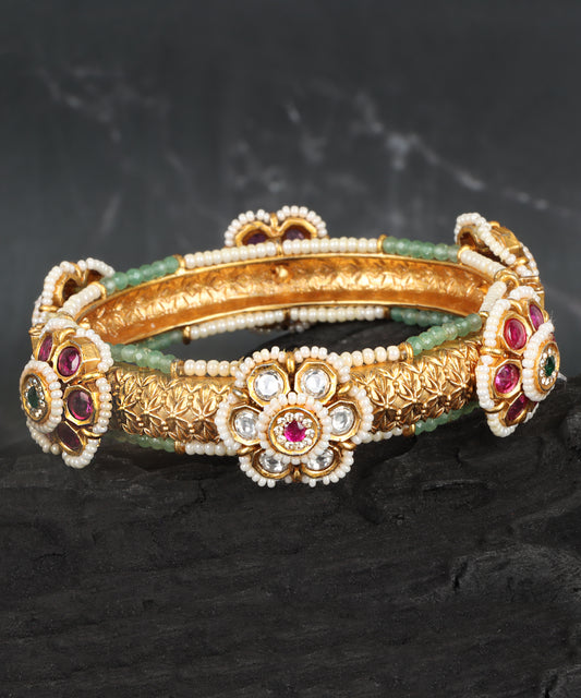 Heritage Pacheli Bangle with Polki Diamonds, Ruby, Emerald & Pearls