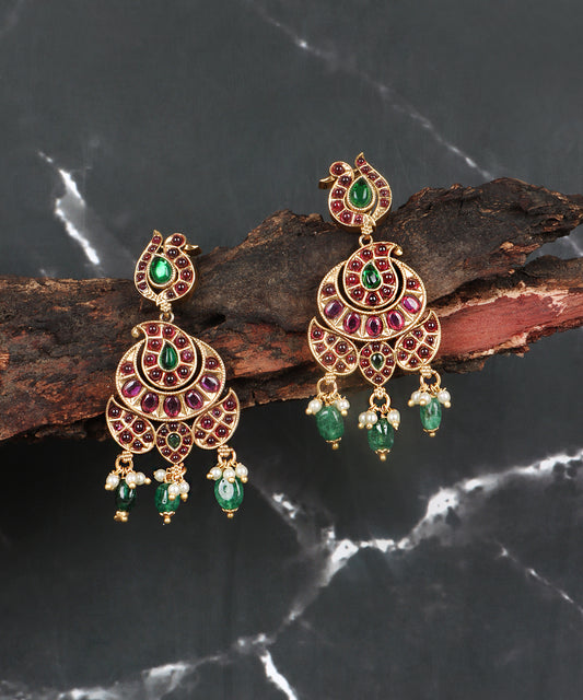 Royal Peacock Chandbali Earrings – Gold, Ruby, Emerald & Pearl