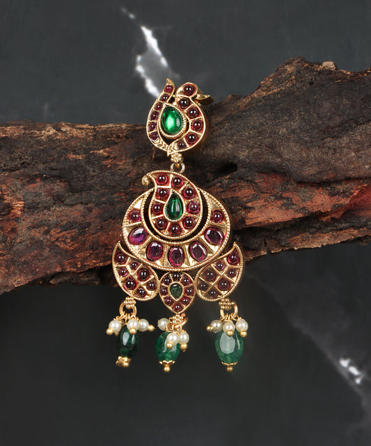 Royal Peacock Chandbali Earrings – Gold, Ruby, Emerald & Pearl