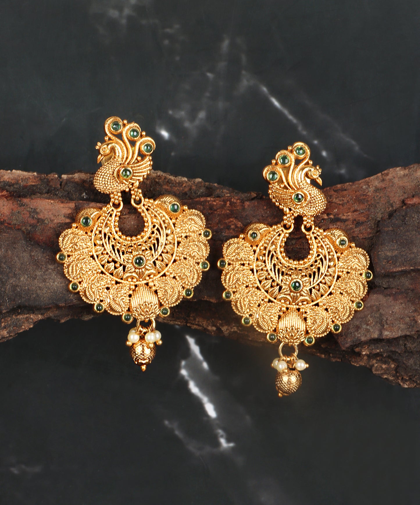 Heritage Gold Peacock Chandbalis with Emerald Detailing