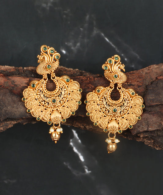 Heritage Gold Peacock Chandbalis with Emerald Detailing