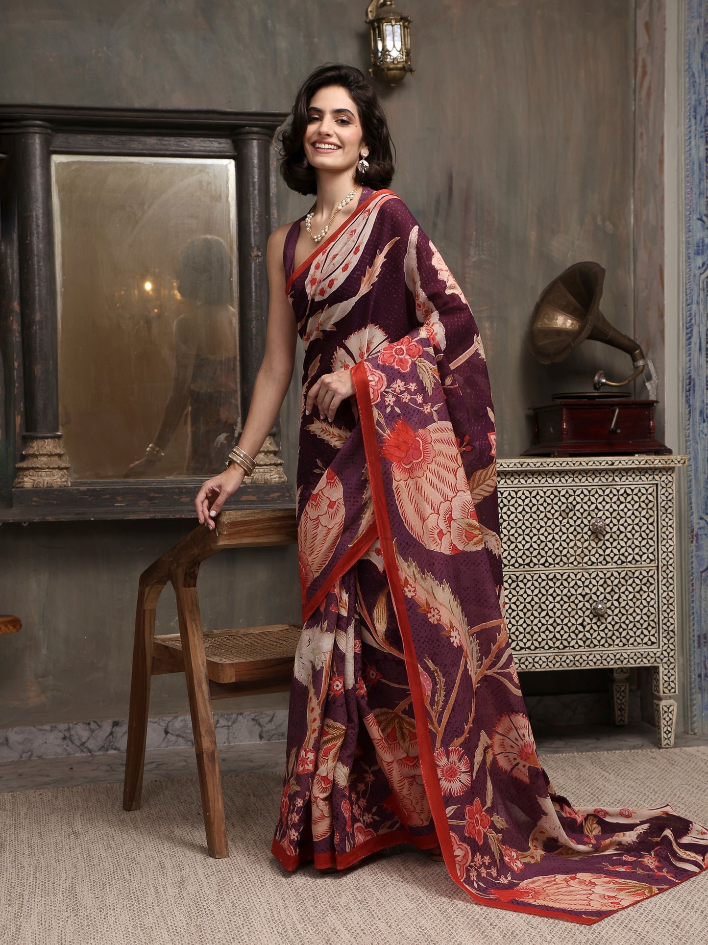 Gulnaar Deep Plum Chanderi Saree
