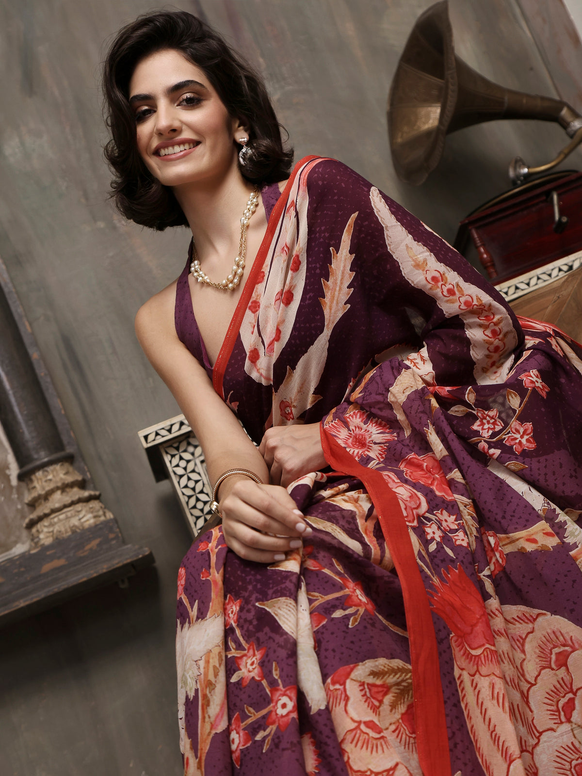 Gulnaar Deep Plum Chanderi Saree