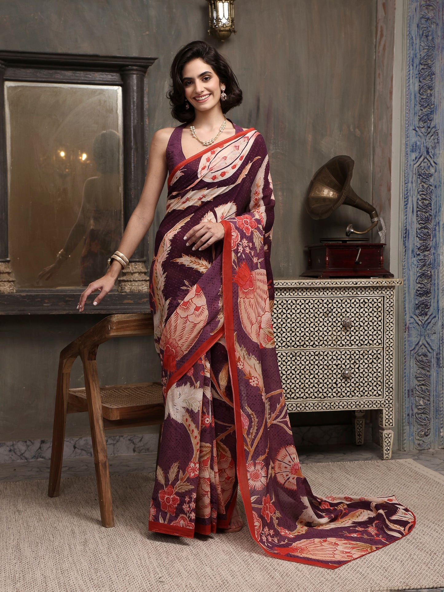 Gulnaar Deep Plum Chanderi Saree