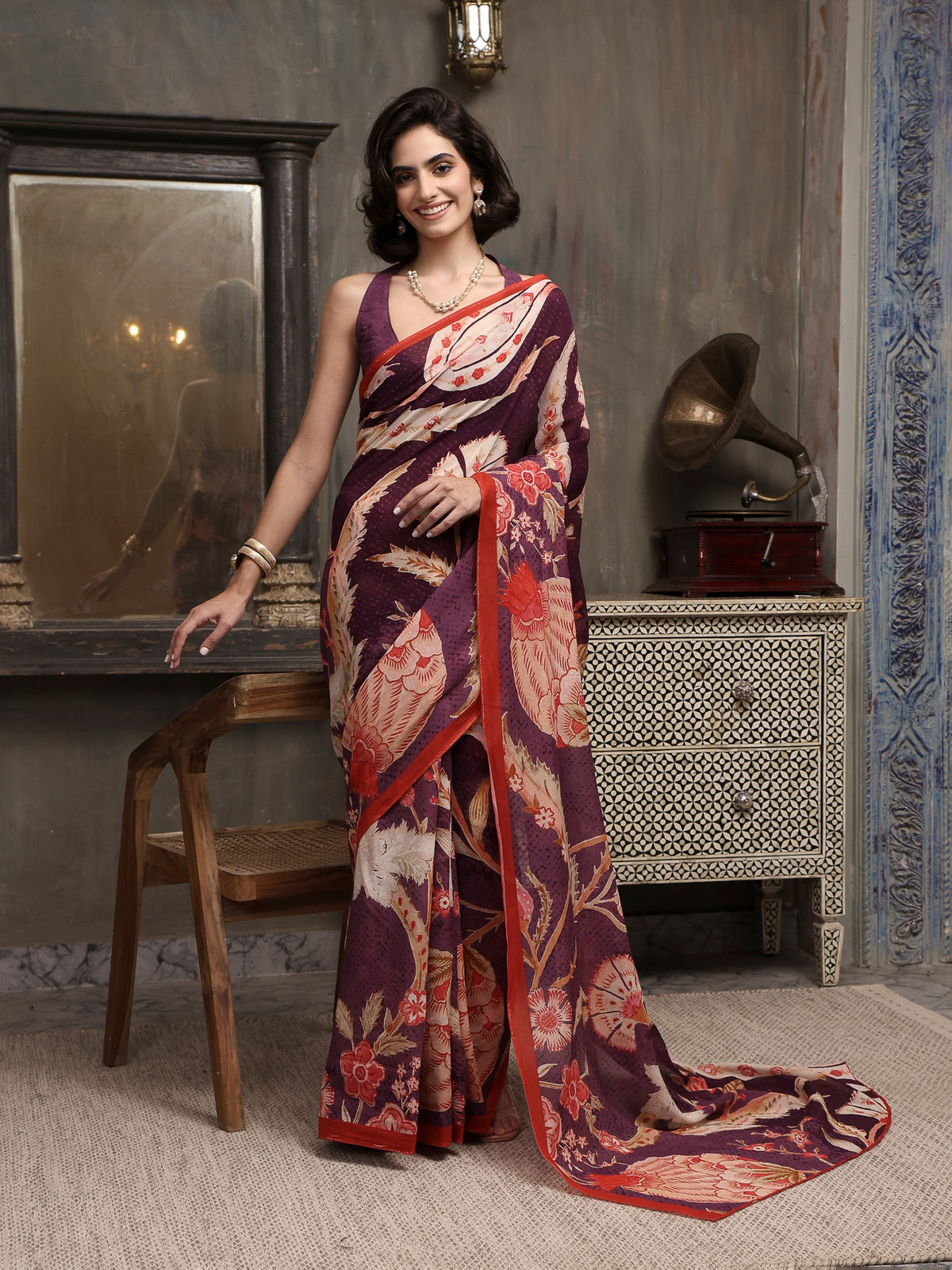 Gulnaar Deep Plum Chanderi Saree