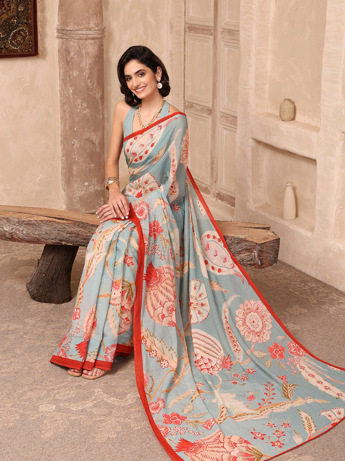 Gulnaar Powder Blue Chanderi Saree