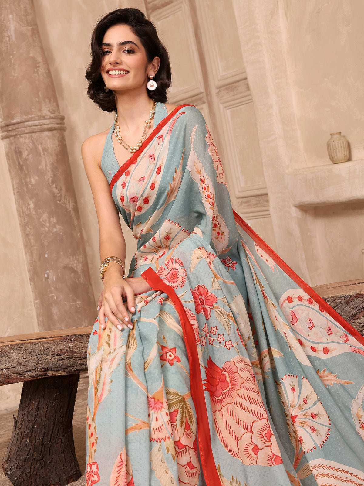 Gulnaar Powder Blue Chanderi Saree
