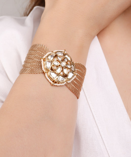 Gold Polki & Pearl Floral Mesh Bracelet