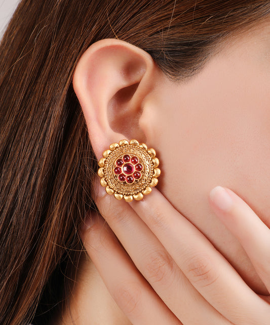 Round Gold Earrings with Ruby Stones