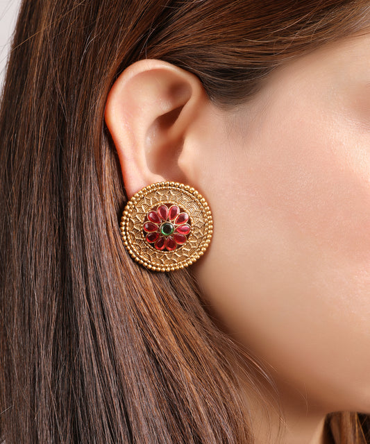 Royal Round Gold Stud with Ruby & Emerald Stonework