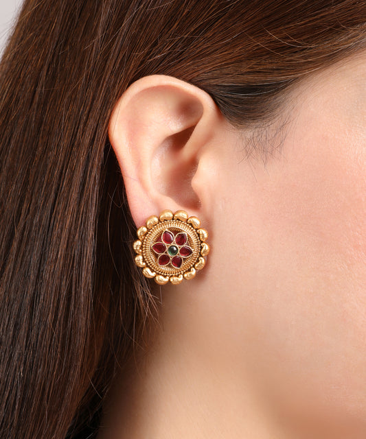 Floral Round Gold Studs with Ruby & Emerald