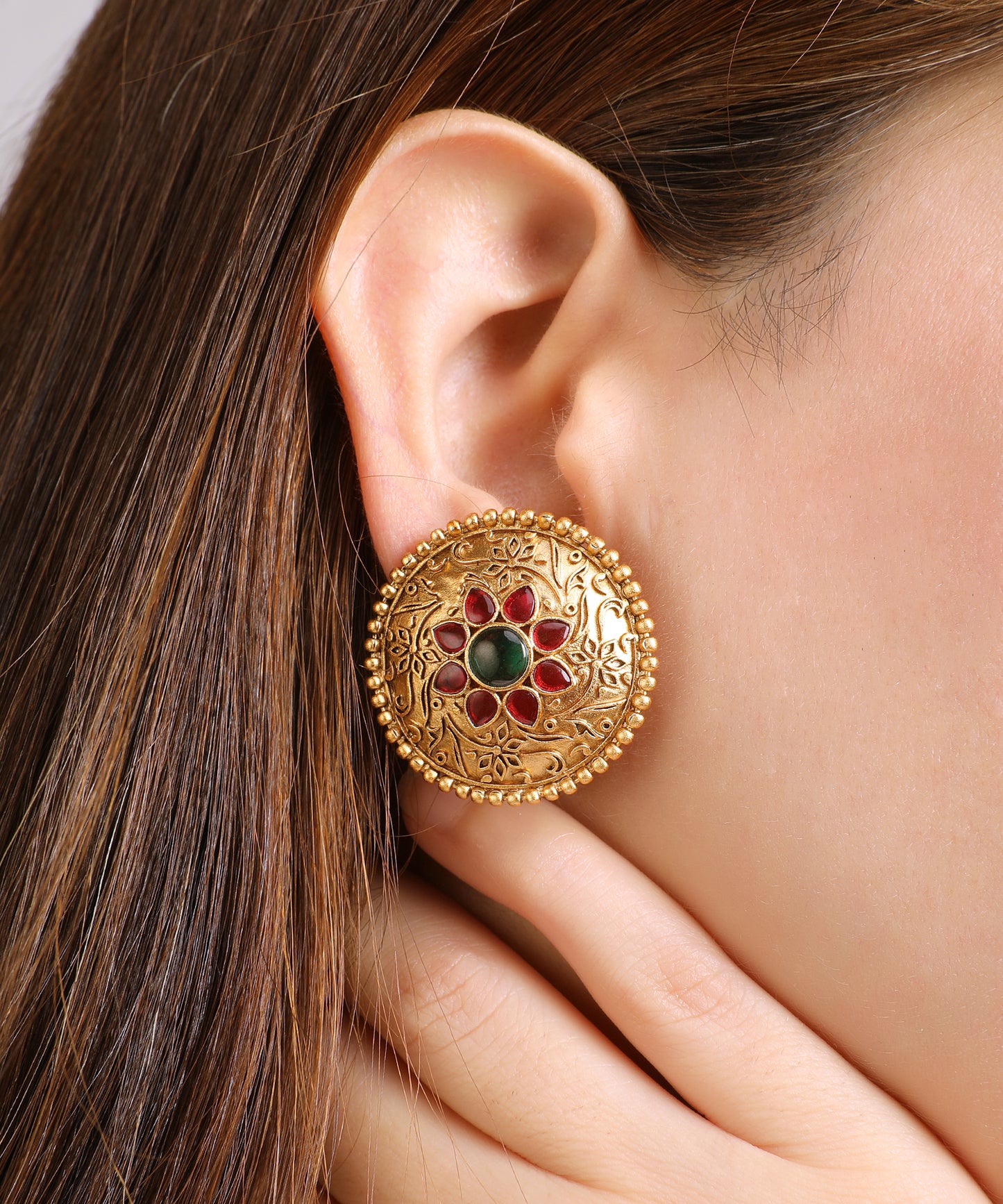 Round Gold Stud Earrings with Emerald & Ruby Floral Motif