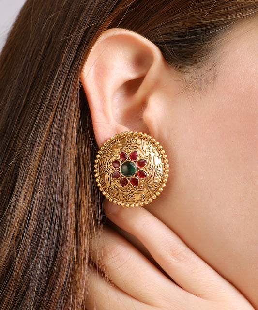 Round Gold Stud Earrings with Emerald & Ruby Floral Motif
