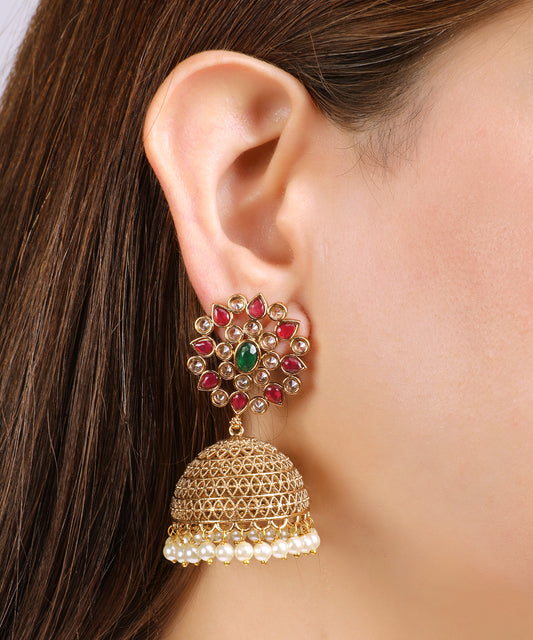 Floral Jhumka Earrings in Gold with Pearls, Rubies & Emerald
