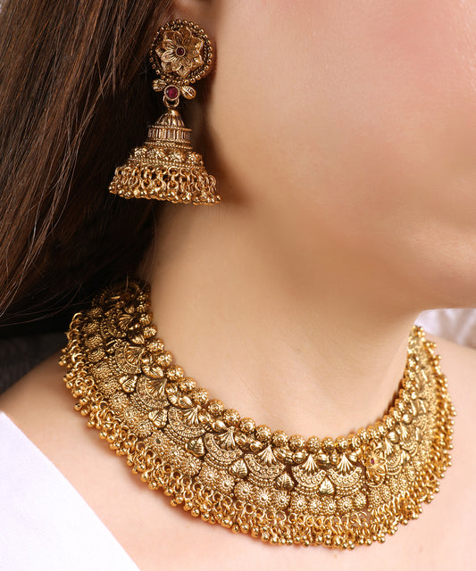 Traditional Gold Choker Necklace with Matching Jhumka Earrings – Floral Motif