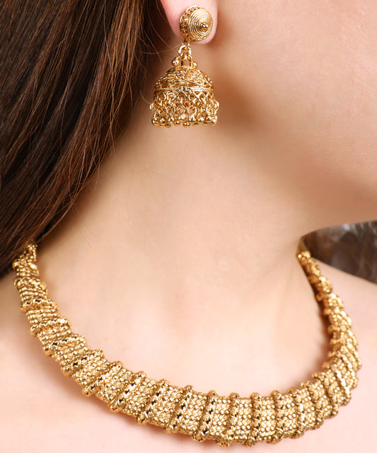 Traditional Gold Choker Necklace with Jhumka Earrings
