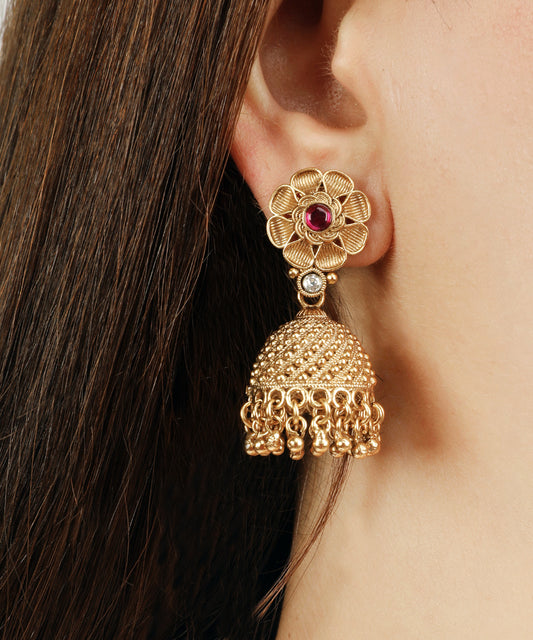 Traditional Round Temple Design Gold Necklace with Jhumka Earrings