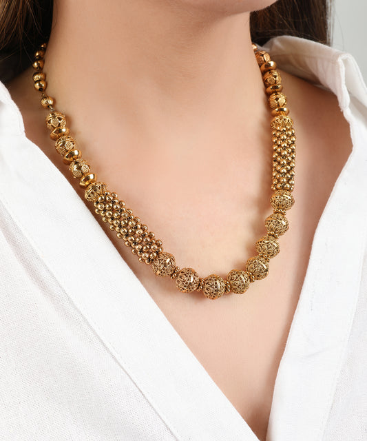 Handcrafted Spherical Bead String Necklace in Gold Finish