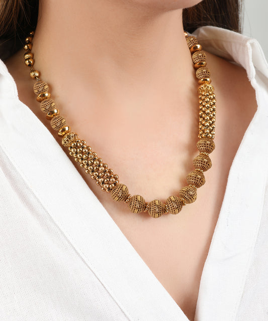Handcrafted Spherical Bead String Necklace in Gold Finish