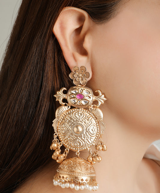 Floral Round Gold Jhumka Earrings with Ruby & Pearl Detailing