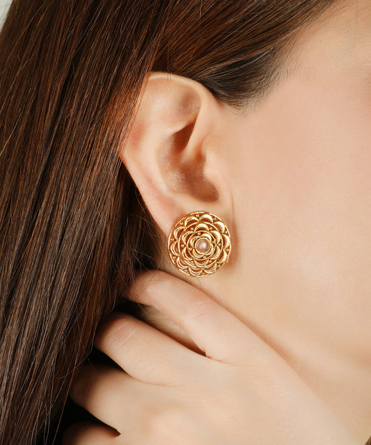 Gold Round Floral Stud Earrings