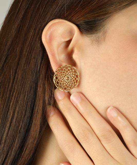 Round Gold Stud Earrings with Crystal