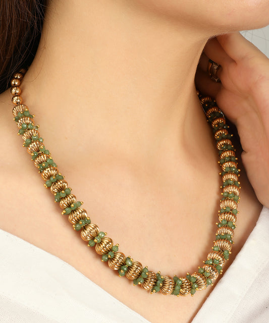 Round Gold & Emerald Beaded String Necklace