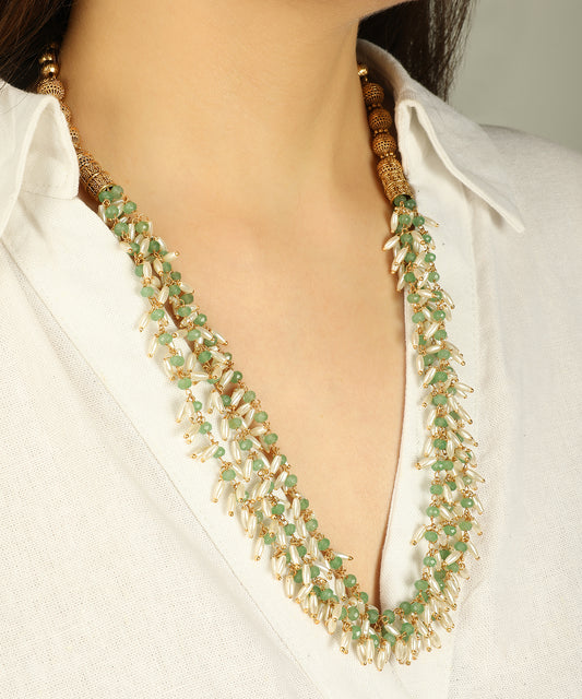Gold Emerald & Pearl String Necklace – Multi-Layered Design