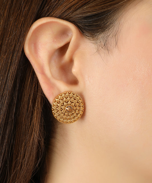 Round Gold Earrings with Pink Stone