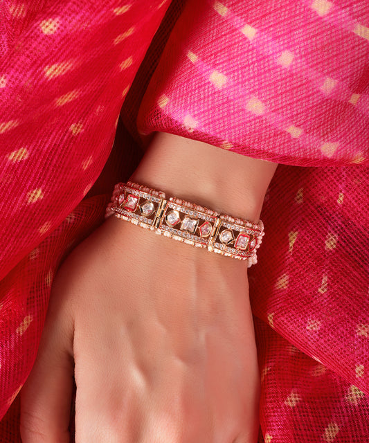 Rajasthan-Inspired Polki Bracelet with Gold Detailing and Pearls
