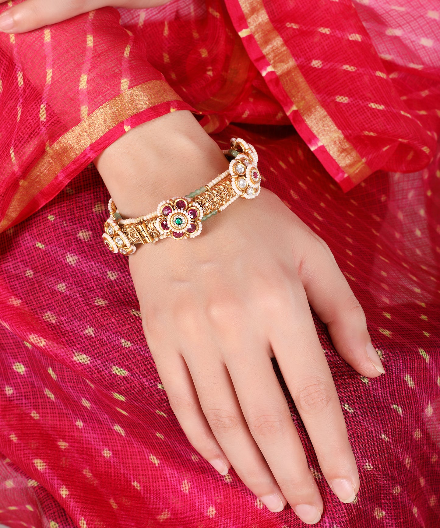 Heritage Pacheli Bangle with Polki Diamonds, Ruby, Emerald & Pearls