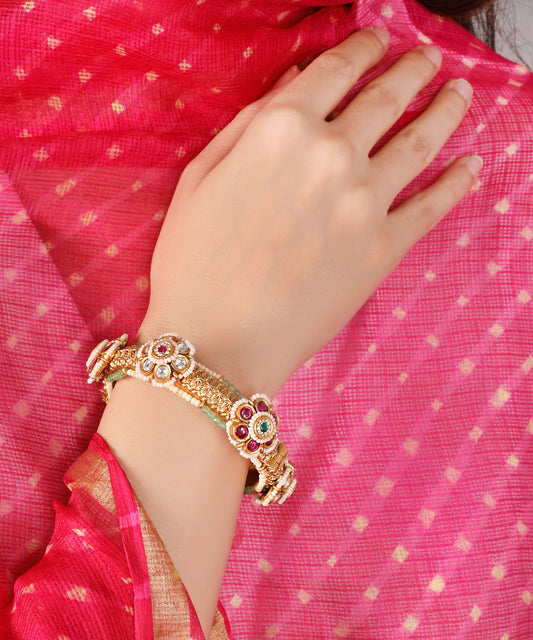 Heritage Pacheli Bangle with Polki Diamonds, Ruby, Emerald & Pearls