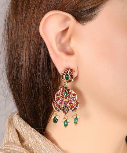 Royal Peacock Chandbali Earrings – Gold, Ruby, Emerald & Pearl
