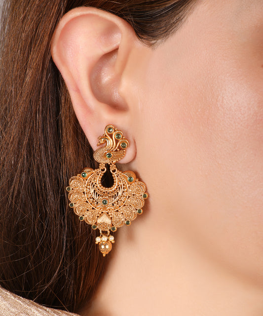 Heritage Gold Peacock Chandbalis with Emerald Detailing