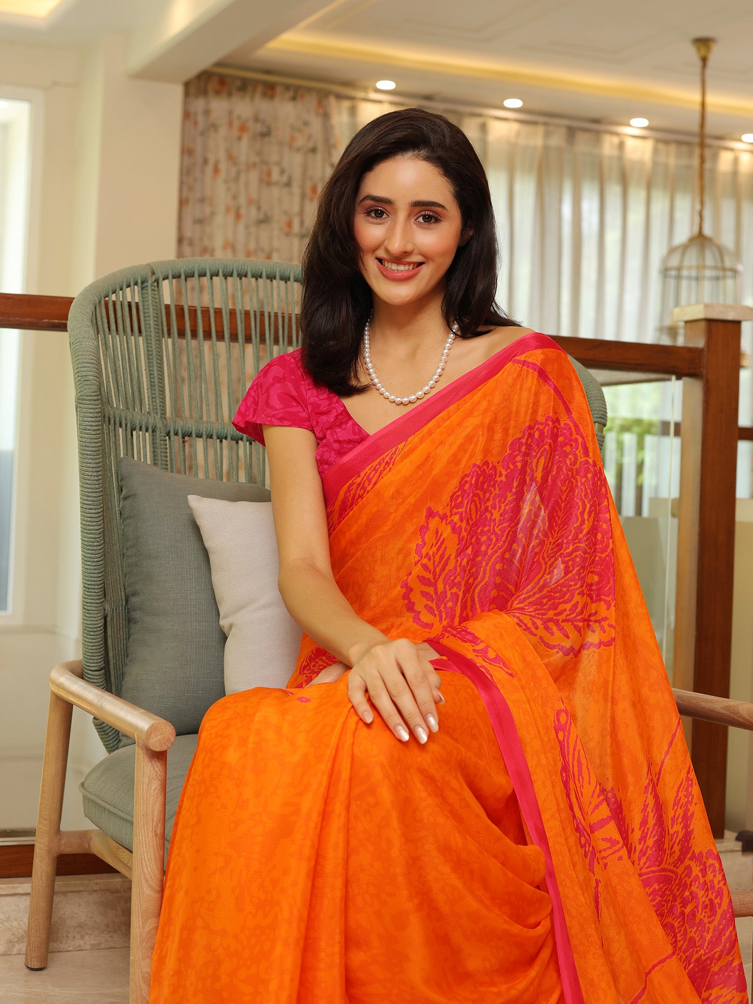 Myra Fuschia Orange Chintz Saree