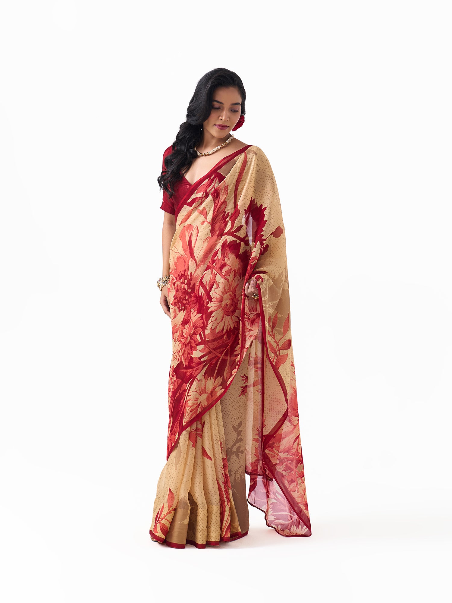 Noor Red Botanical Chinon Saree