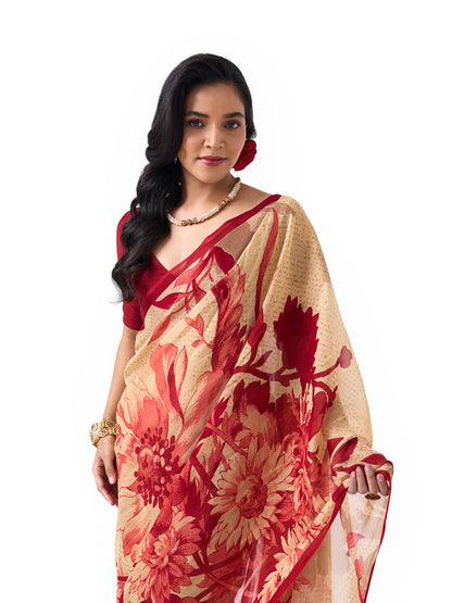 Noor Red Botanical Chinon Saree