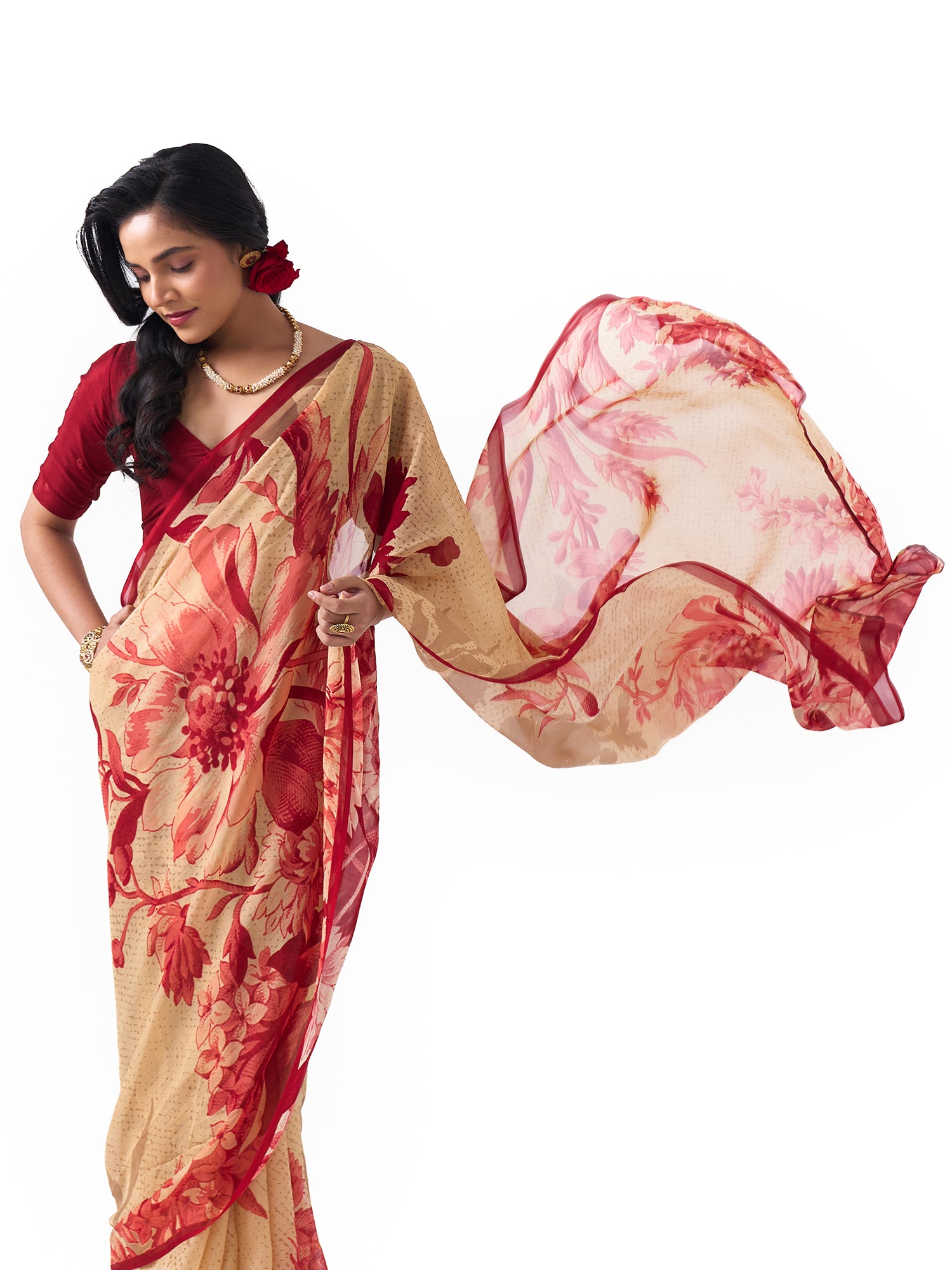 Noor Red Botanical Chinon Saree