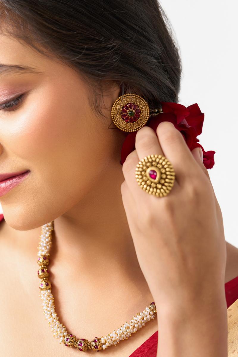 Royal Round Gold Stud with Ruby & Emerald Stonework