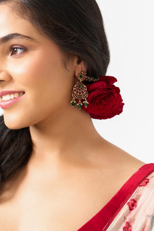 Royal Peacock Chandbali Earrings – Gold, Ruby, Emerald & Pearl