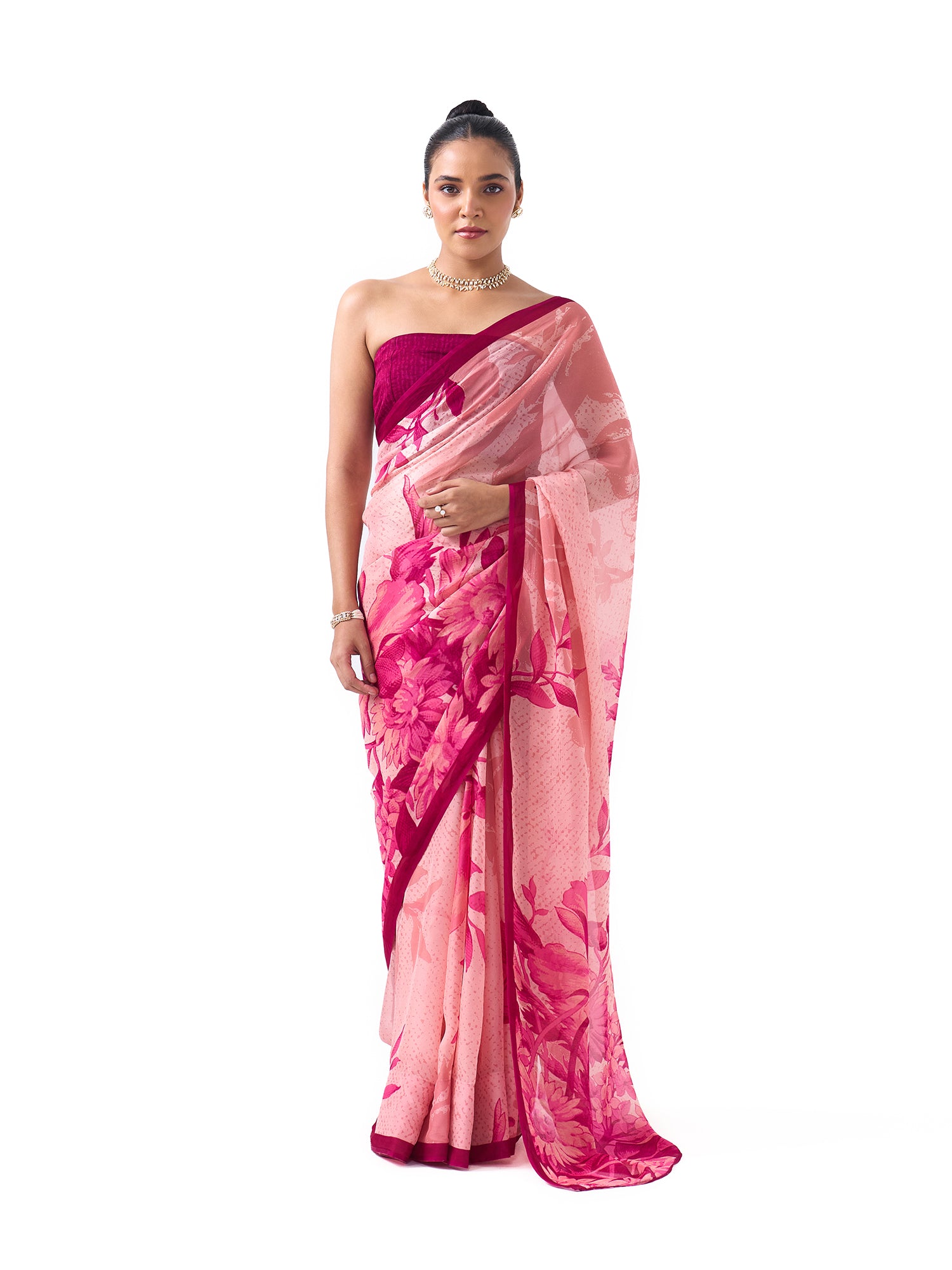 Noor Rose Pink Botanical Chinon Saree